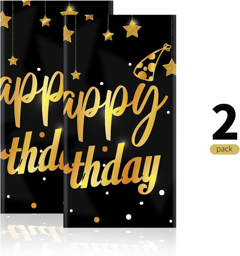 Ruisita 2 Pack Black Gold Table Cloth Cover, Happy Birthday Tablecloths for Indoor or Outdoor Parties