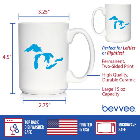 Great Lakes Map Coffee Mug - Large 15oz White Ceramic Mug - Unique Art Gifts for Midwestern Women & Men