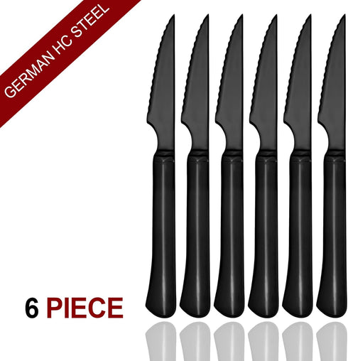 Ultra-Sharp Black Steak Knives Set, 6-Piece Stainless Steel Dinner Knives, Serrated Best Chef Knife