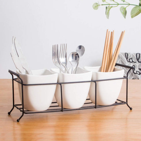 Bekith 3-Piece Ceramic Flatware Caddy with Metal Rack, White Utensil Holder Cutlery Organizer