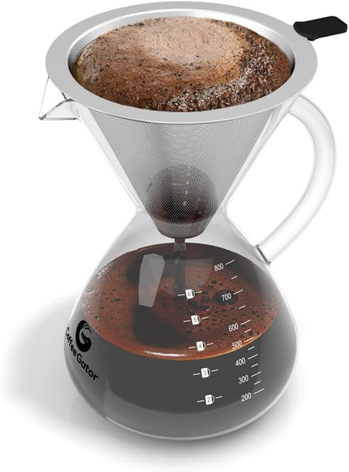 Coffee Gator Pour Over Coffee Maker, 27 oz, Portable Drip Brewer Set with Glass Carafe & Stainless-Steel Filter