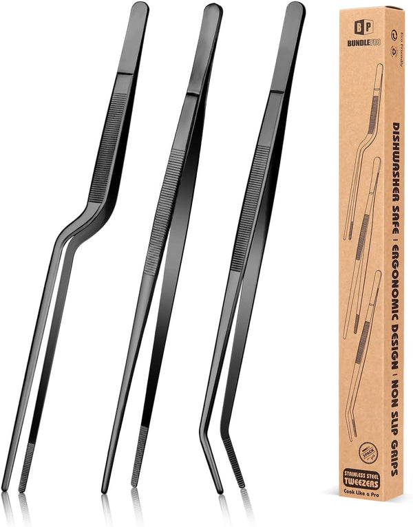 Fine Cooking Tweezers Set, 12 inch Professional Stainless Steel Tongs for Cooking, Plating, and BBQ