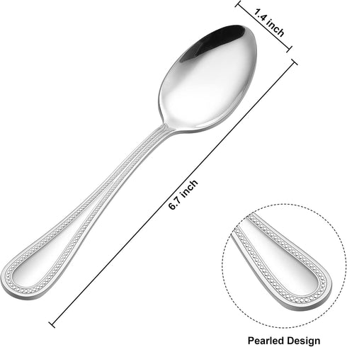 E-far Stainless Steel Teaspoons Set of 12, 6.7 Inch Pearled Edge Small Dessert Tea Spoons Silverware for Home, Kitchen and Restaurant, Non-toxic, Mirror Polished, Dishwasher Safe