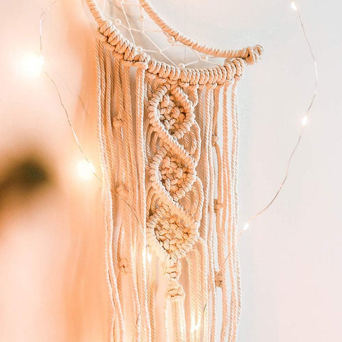ANROYE Boho Macrame Woven Wall Hanging, Crochet Crescent Moon Star Dream Catcher with Long Tassel- White Cotton