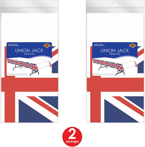 Beistle 2-Pack Union Jack Rectangular Plastic Tablecovers, 54” x 108” Royal English Party Decorations