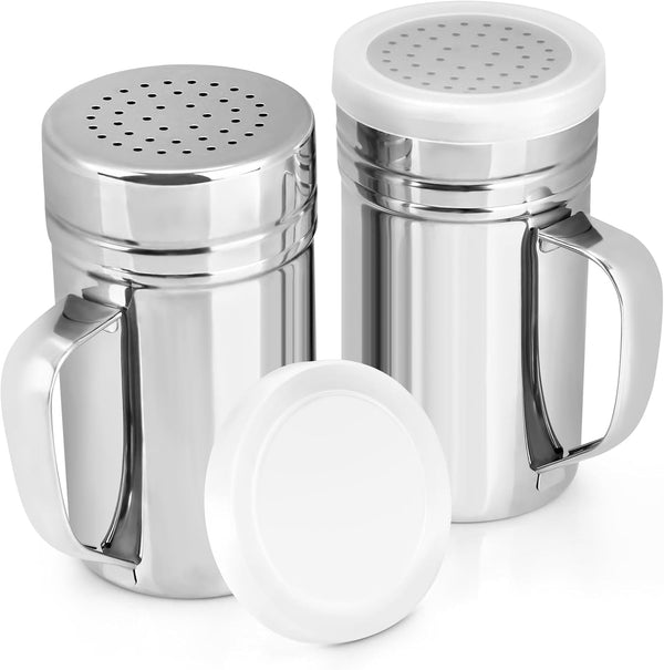 Accmor 2pcs Stainless Steel Dredge, Salt Pepper Dredge Shakers with Handle, 14 Ounce Seasonings Spice Shakers with Lid