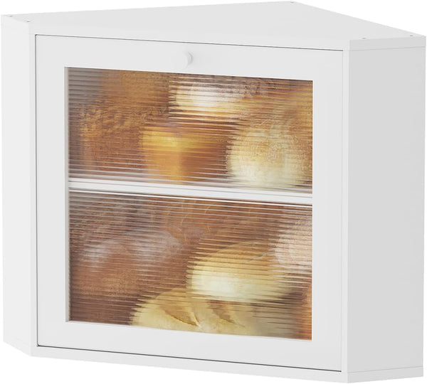 kiplant Corner Bread Box for Kitchen Countertop - Bamboo Wood, Wavy Acrylic Door,