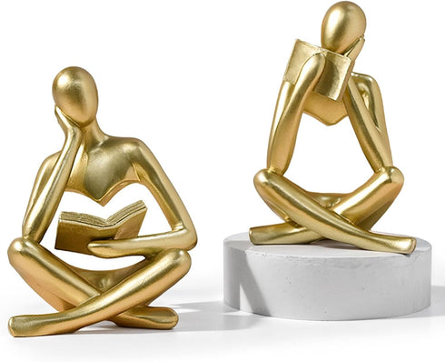 suruim Gold Reading Women Statue, Thinker Sculptures, Abstract Art Figurine, Gold Shelf