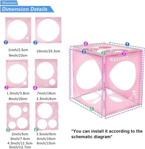 Worown 14 Holes Collapsible Pink Plastic Balloon Sizer Box, 1-10 Inch Measurement Tools for Balloon Arches, Columns,