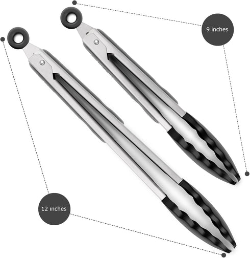 2 Pack Black Kitchen Tongs, Premium Silicone BPA Free Non-Stick Stainless Steel BBQ Cooking Tongs, 9-Inch & 12-Inch