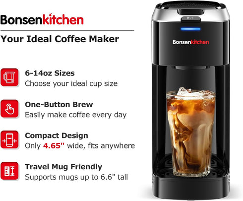 6-14oz 3 6.6" Bonsenkitchen Single Serve Coffee Maker K Cup Pod with Brew Size- Min Fast Brewing Machine with Strength