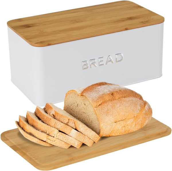 Culinary Couture White Bread Box for Kitchen Countertop with Bamboo Lid -