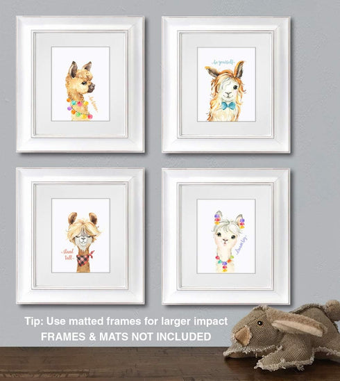 Confetti Fox Llama Nursery Wall Art Decor - 8x10 Unframed Set of 4 Prints, Kids Cute Alpaca Pictures