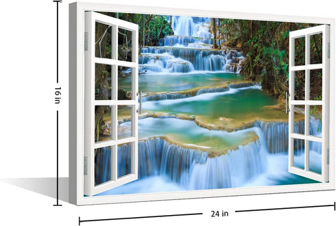 Grand Waterfall Wall Art Window View Decor, Green Mountain Pictures Canvas Print for Bedroom, Framed Ready to Hang