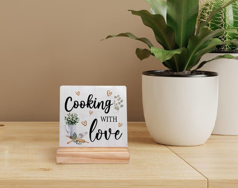 Cooking with Love Wood Plaque with Wooden Stand,Rustic Kitchen Wooden Plaque Sign Desk Decor for Home Kitchen Table Shelf Decoration