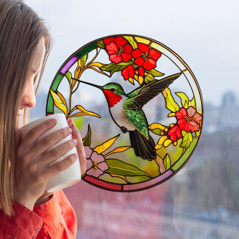 Stained Glass Hummingbird Window Clings, Anti-Collision Decals for Summer Window Decoration