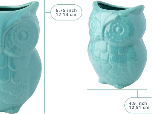 Comfify Decorative Owl Utensil Holder, Aqua Blue Ceramic Cookware Crock & Organizer, 5” x 7” x 4” Size
