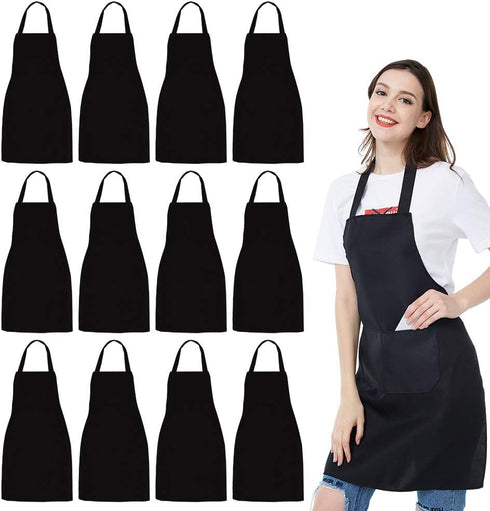 NOBONDO 12 Pack Bib Apron - Unisex Black Apron Bulk with 2 Roomy