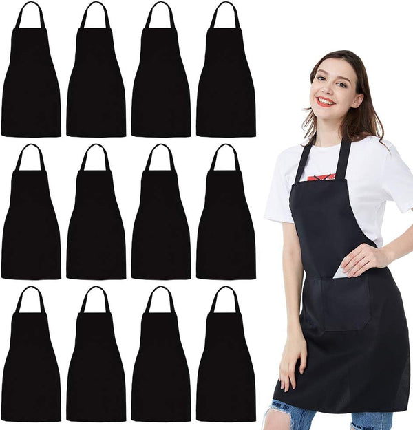 NOBONDO 12 Pack Bib Apron - Unisex Black Apron Bulk with 2 Roomy