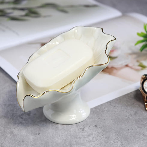 Soap Dish Ceramic White - Lotus Leaf Shape Holder - Self Draining Soap Dish for Bathroom, Kitchen, Bar Counter