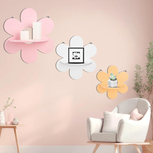 3 Soaoo Pcs Daisy Flower Floating Shelves, Wooden Boho Daisy Plant Shelf, Wall Mounted Display Stand, Hanging Display