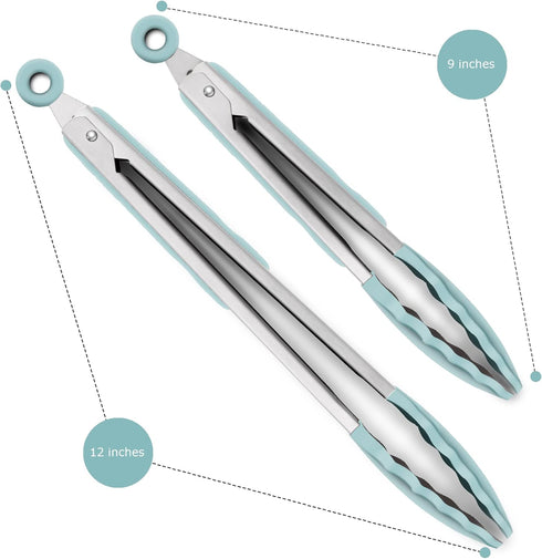 9-Inch & 12-Inch Cooking Tongs, Premium Silicone Set of 2, BPA Free Non-Stick Stainless Steel BBQ Grilling Locking Food