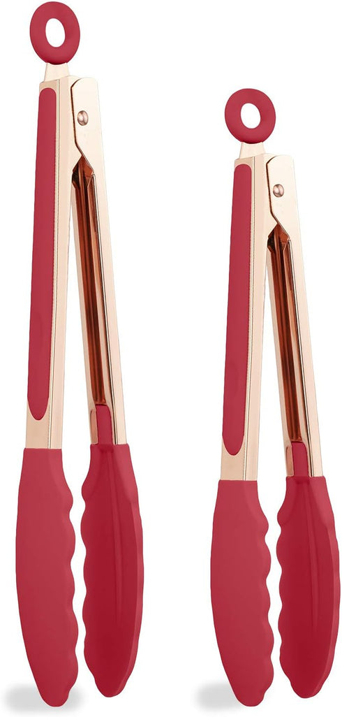 COOK WITH COLOR Stainless Steel Silicone Tipped Kitchen & BBQ Tongs Set, 2 Pc Tongs in Red