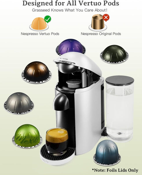 Grasseed Aluminum Foils Lids for Reusing Coffee Pods, Compatible with Nespresso VertuoLine Capsules - 240 Pcs