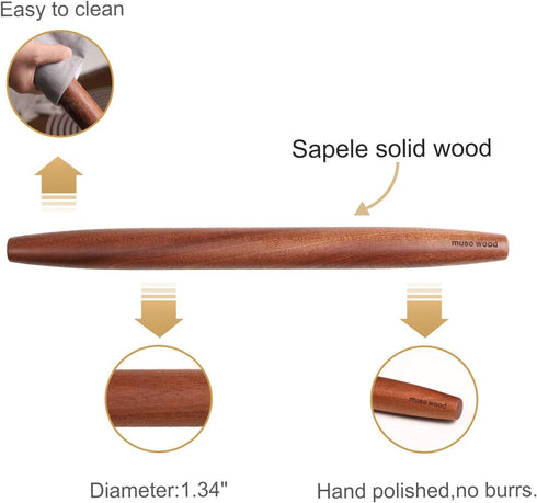 Muso Wood French Rolling Pin and Silicone Baking Mat Set - 15.75 Inch Sapele Wooden Rolling Pin