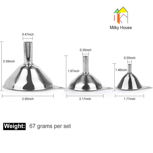 Stainless Steel Funnels, 3 Pack - Small Metal Funnels with Handles for Kitchen Transfer of Liquid, Oils, Spices, 2.9 &