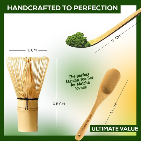 BambooWorx Matcha Whisk Set - Traditional Chasen, Scoop (Chashaku), Tea Spoon for Japanese Tea Preparation