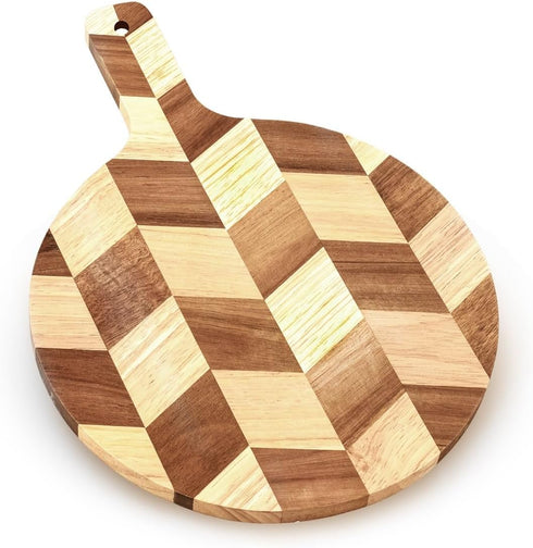 Acacia Wood Round Cutting Board with Handle, 9.85” x 13.75”, for Meat, Cheese, Pizza, Vegetables, Decorative Serving