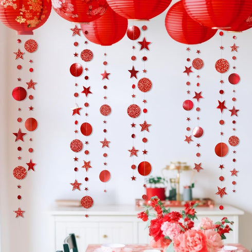 Decor365 Twinkle Star Garland Glitter Red Party Decorations, Star Banner Ceiling Hanging Streamer for Birthday