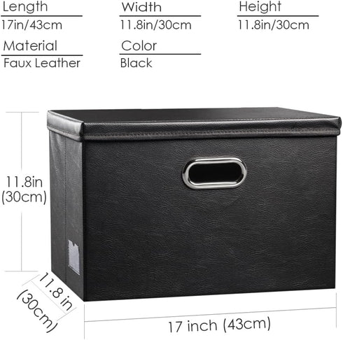 PRANDOM Large Collapsible Storage Bin with Lid, Black Leather Fabric Foldable Box Organizer for Home, 1-Pack.