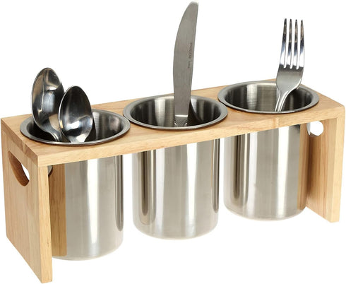 ZOOFOX 3 Pack Stainless Steel Silverware Holder, Utensil Organizer with Wood Base for Spoons, Knives, and Forks