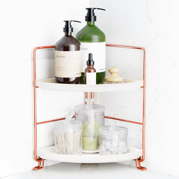 FSyueyun 2-Tier Corner Bathroom Counter Organizer, Tool-Less Installation Vanity Shelf, Small Plastics Makeup Tray