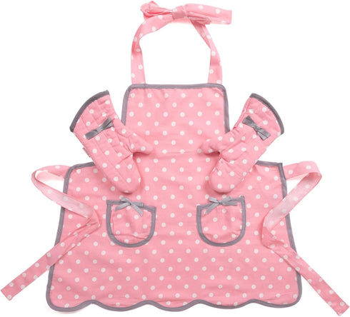 NEOVIVA Kids Apron and Oven Mitts Set - Cute Polka Dots Toddler Kitchen Linen Set for Play Kitchen Gift