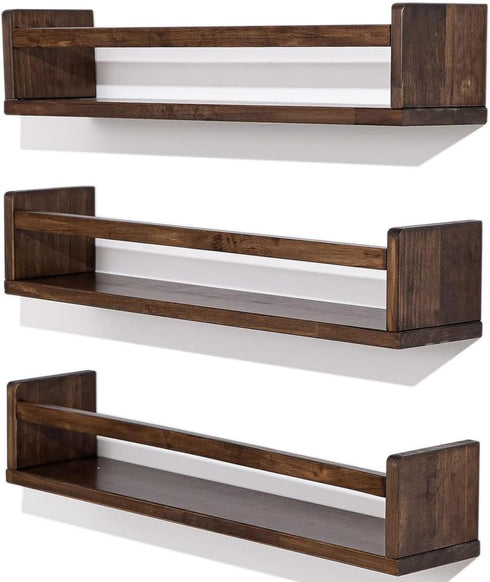 24 Inch Set 3 AZSKY Nursery Book Shelves Deep Walnut Floating Bookshelf for Kids Room Wall Mounted Floating Shelves