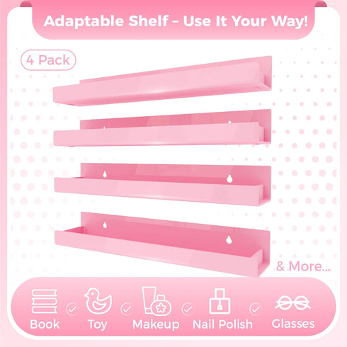 4 Pack 15 Inch Pink Acrylic Shelves, Kids Floating Bookshelf for Kids Room, Modern Nail Polish Rack Sunglasses
