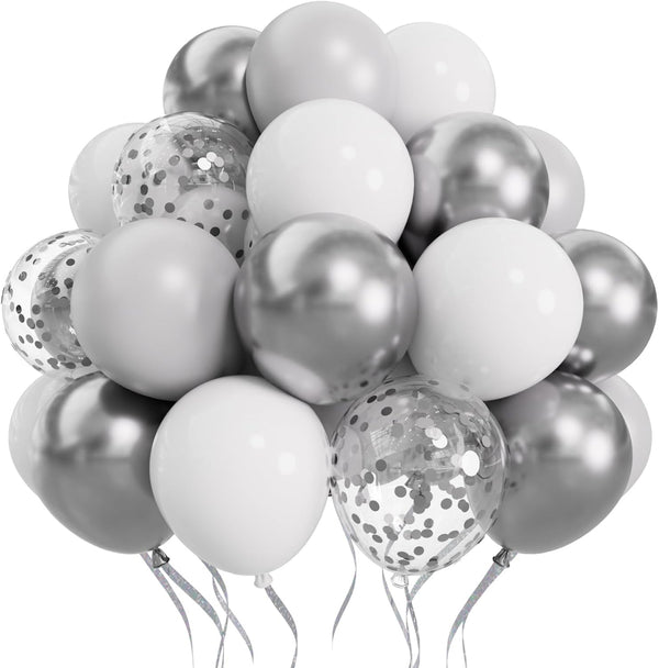 SUWEN 60PCS Metallic Silver Confetti Balloons Set, Latex Helium Chrome Silver Balloons for Party Decorations