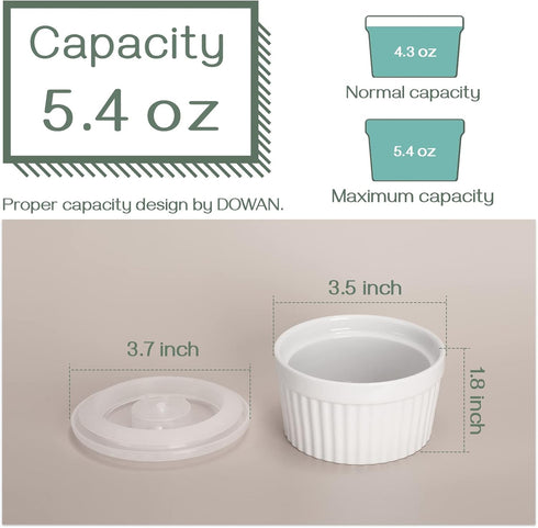 DOWAN 4 oz Ramekins with Lids, Oven Safe, Porcelain White Souffle Ramekins, Set of 6