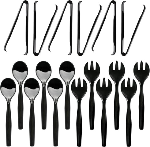 Party Essentials Disposable Heavy Duty Plastic Serving Utensils, 6-Sets of Spoons, Forks, Tongs, Black