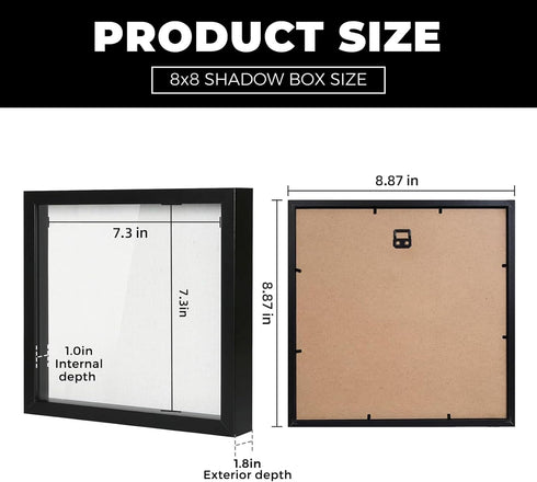Muzilife 8x8 Shadow Box Picture Frame with Linen Board - Deep Wood & Glass Display Case for Memories (Black)