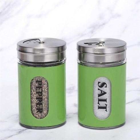 Salt and Pepper Shakers Stainless Steel and Glass Set with Adjustable Pour Holes (Green) by STJKBDFC