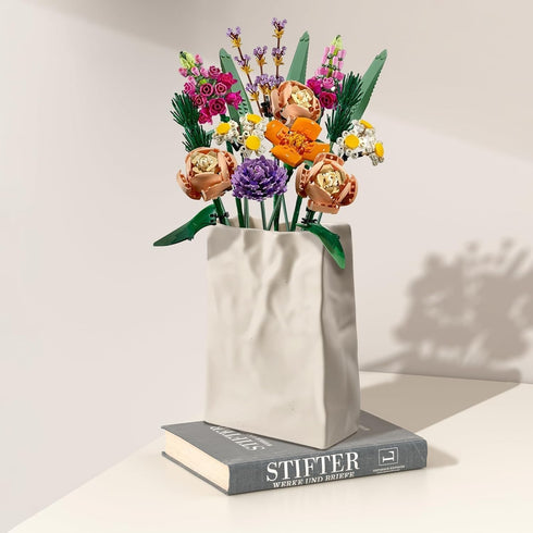 8 Inch Relexome Paper Bag Vase Crinkle Wide Ceramic Flower Vase Cream White Boho Wabi-Sabi Vases, Cute Home Office