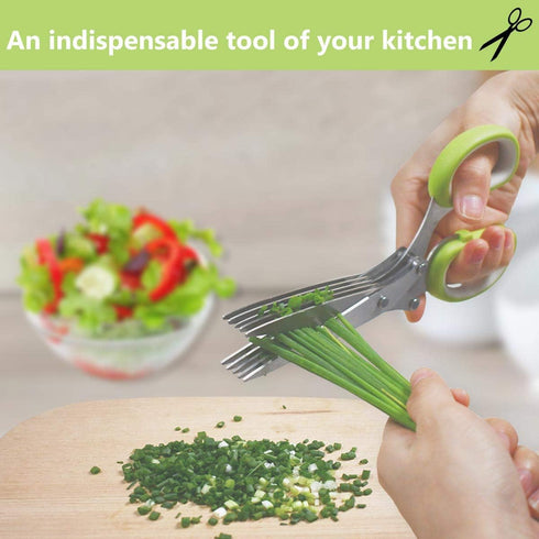 Herb Cutter Scissors, 5 Blade Kitchen Multipurpose Cutting Shear with Safety Cover & Cleaning Comb (Green)