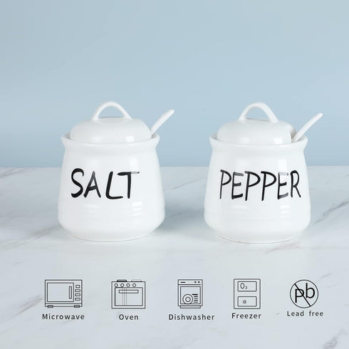 HAOTOP Salt and Pepper Bowls with Lid and Spoon -12 oz Ceramic Salt and Pepper Cellar Set, Salt and Pepper Containers, Spice Box for Counter, Farmhouse Kitchen Decor, White by HAOTOP