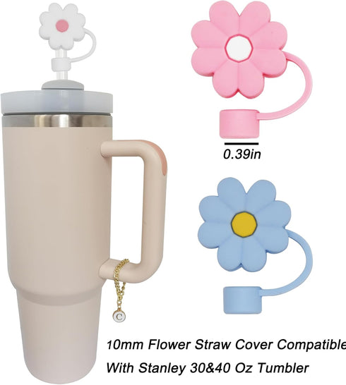3PCS Straw Cover for Stanley Cup 30&40 Oz, Flower Silicone Straw Topper with Initial Letter Charm