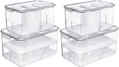 SANNO Fridge Produce Saver Storage Containers - Stackable Vegetable Fruit Bins, Set of 4 Fresh Keeper Organizer Drawers