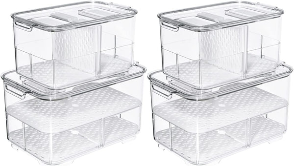 SANNO Fridge Produce Saver Storage Containers - Stackable Vegetable Fruit Bins, Set of 4 Fresh Keeper Organizer Drawers